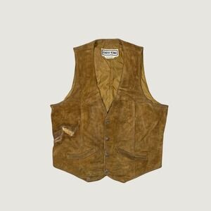 Vintage Chess King Mens XL Brown Suede Leather Western Vest Button Front Tan